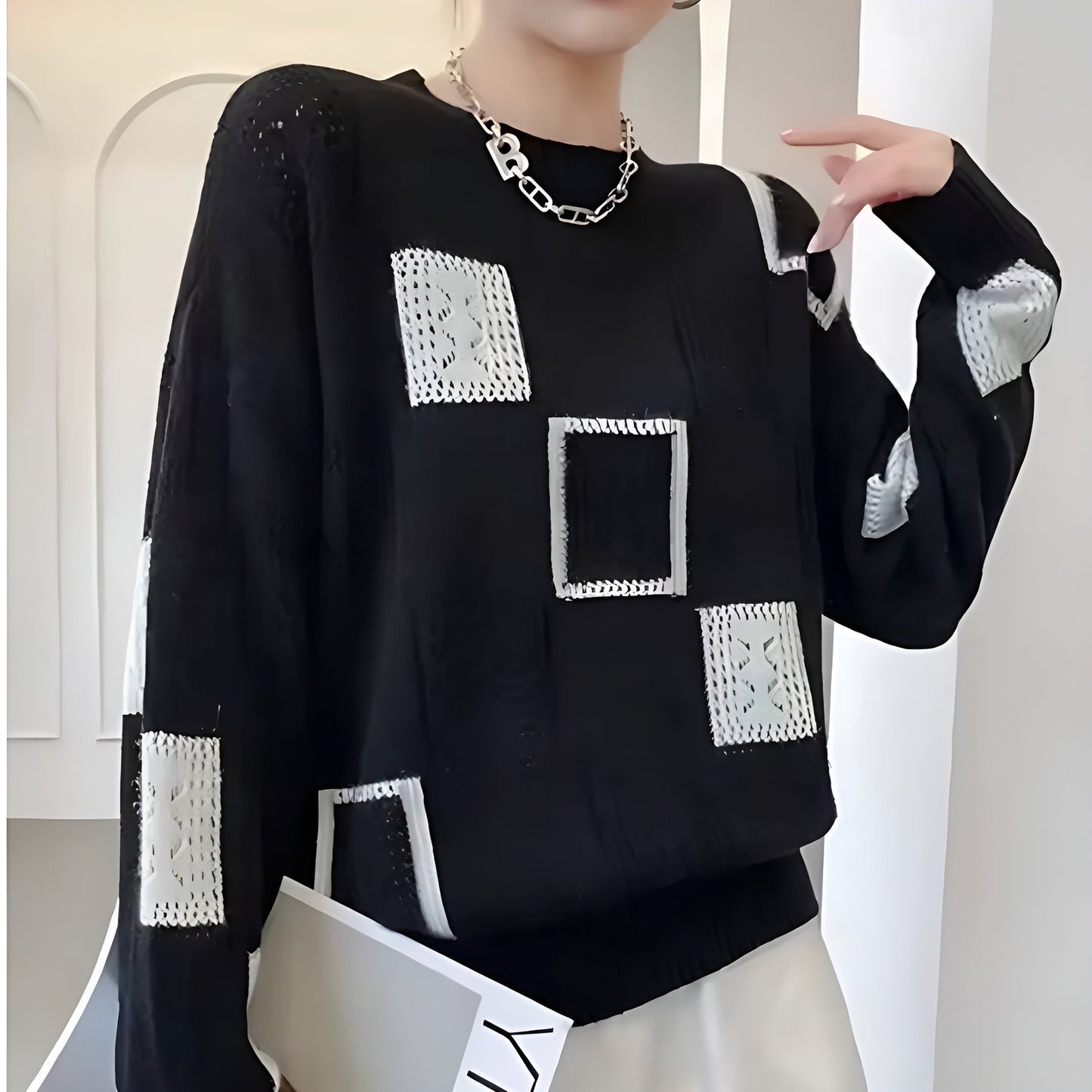 Women's Sweater with Square Pattern and Soft Knit