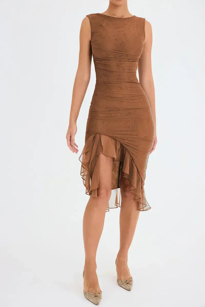 Irregular Midi Dress With Ruffles For Women Comfortable Fit Flattering Silhouette Versatile Chic