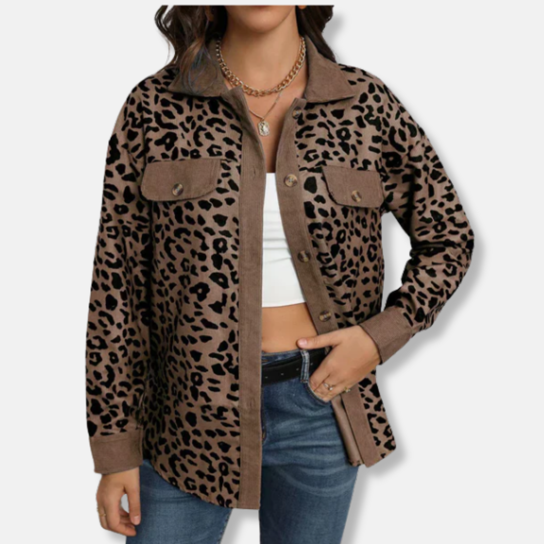 Women’s Shacket – Relaxed Fit – Corduroy Ribbed Texture – Animal Print – Button-Up Long Sleeve