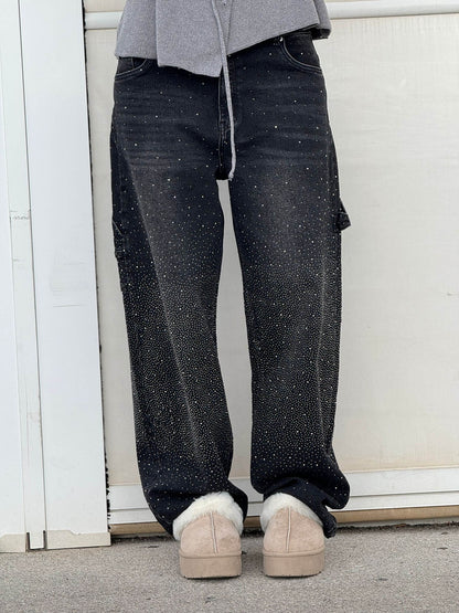 May Fashion Pants Relaxed Fit With Shiny Finishes And Rhinestone Detail For Trendy Women