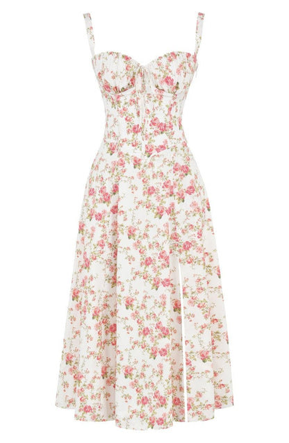 Women's Midi Dress - Floral Print - Sweetheart Neckline - A-line Cut