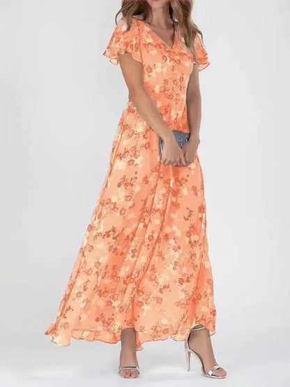 Liselotte Elegant Floral Maxi Dress for Women with V Neck and Flowing Sleeves Perfect For Special Occasions