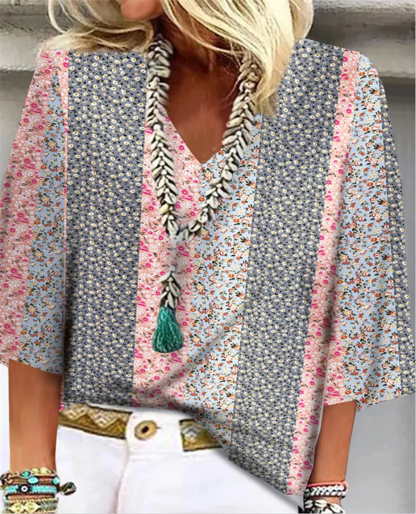 Women's Floral Patchwork V-Neck Top with 3/4 Sleeves and Versatile Style - TrendAura