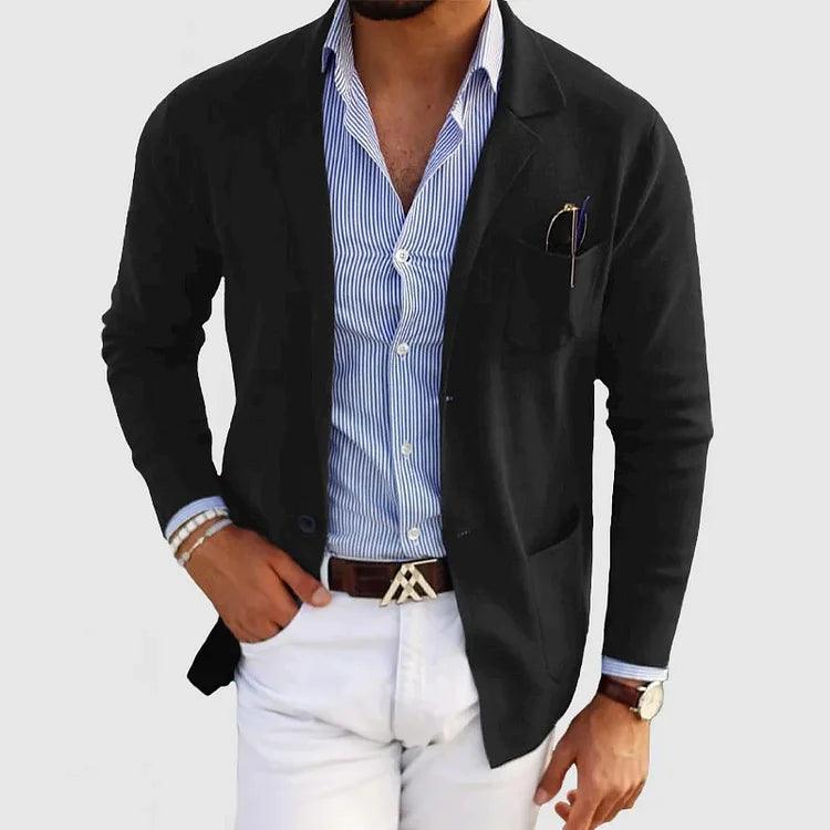 Elegant men's jacket with pockets and lapel collar, solid color, long sleeves