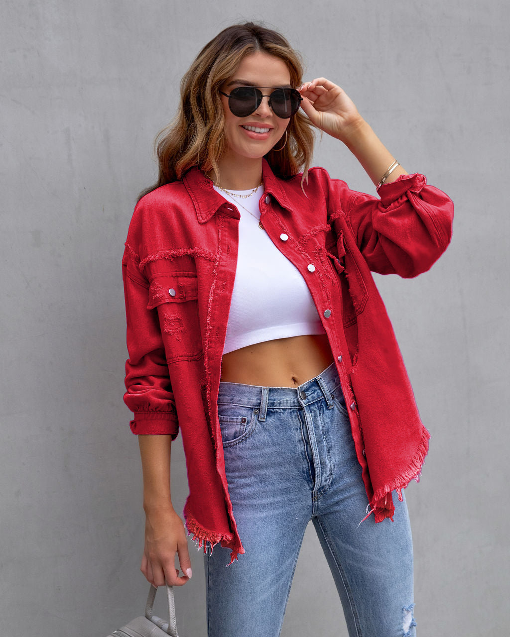 TrendAura Leyna Shirt Jacket For Women Urban Style And Comfort With Distressed Detailing