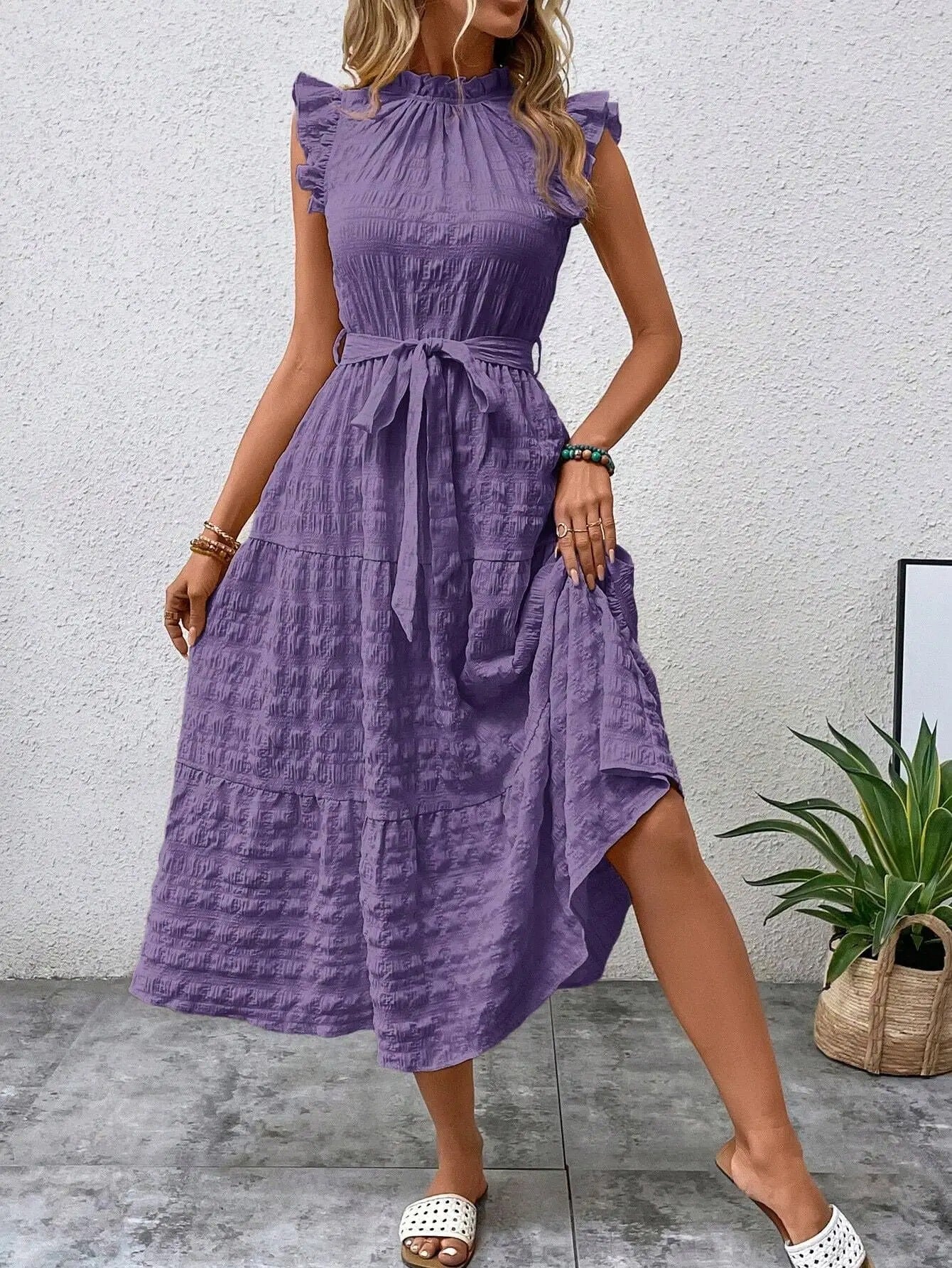 Liselotte Elegant Midi Dress for Women With Gathered Neckline Ruffles Belt Festive Appeal