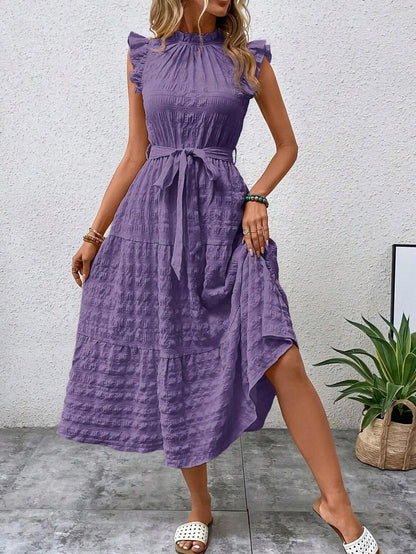 Liselotte Elegant Midi Dress for Women With Gathered Neckline Ruffles Belt Festive Appeal