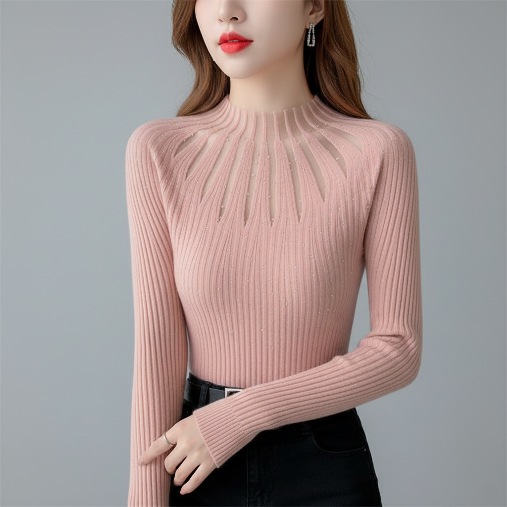 Women's Chic Ribbed Knit Top with Elegant Cutout Design