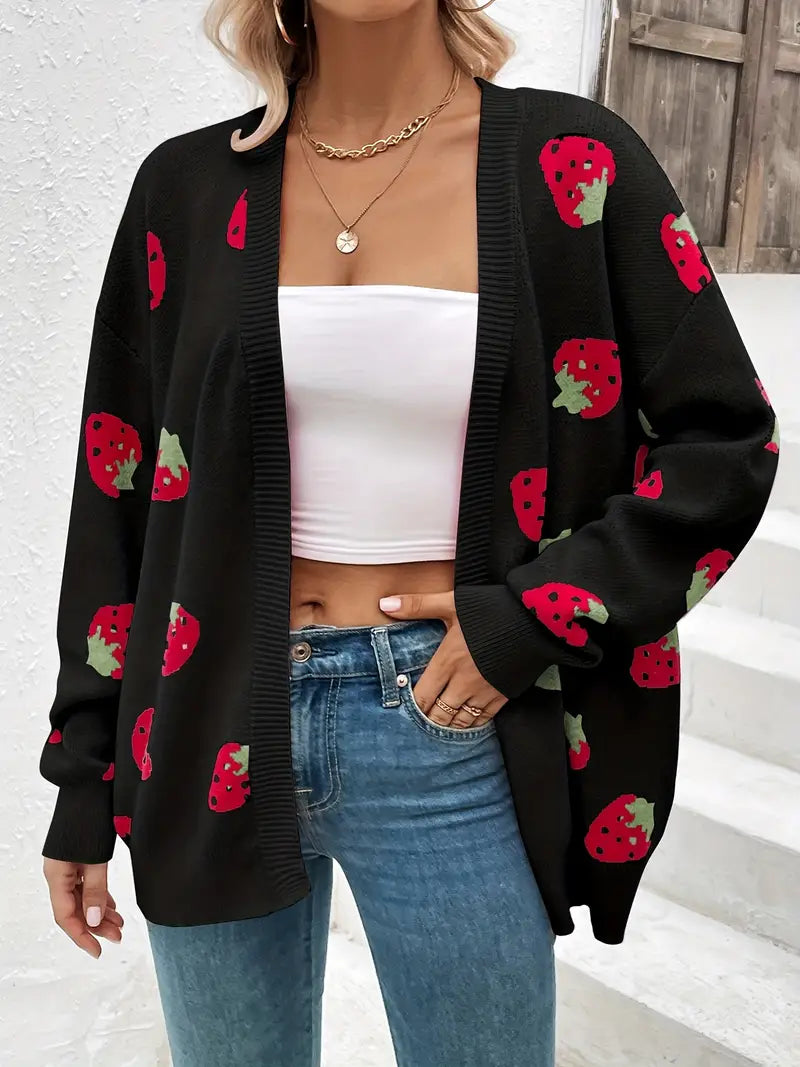 Women’s Cardigan – Oversized Fit – Knit Texture – Open Front – Playful Pattern