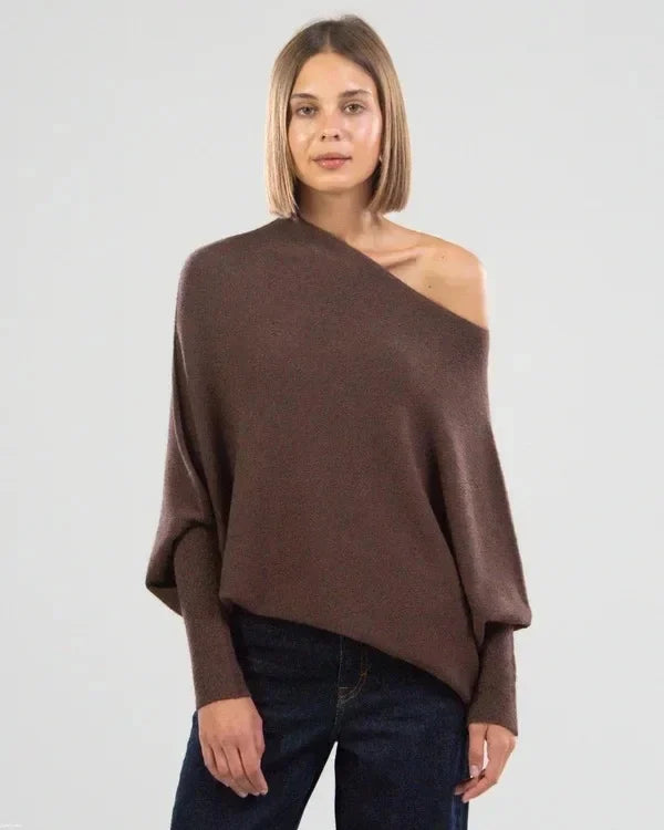 Asymmetric off-shoulder suspender sweater