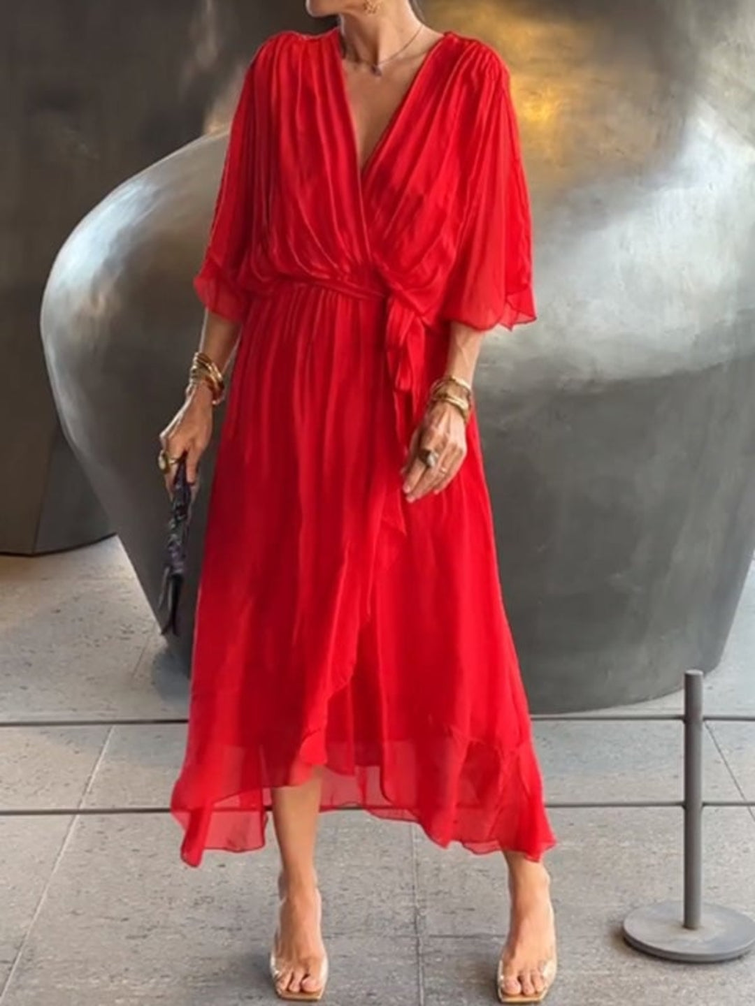 Lilia Crossed Chiffon Dress With Wide Sleeves And Belted Waist For Elegant Women