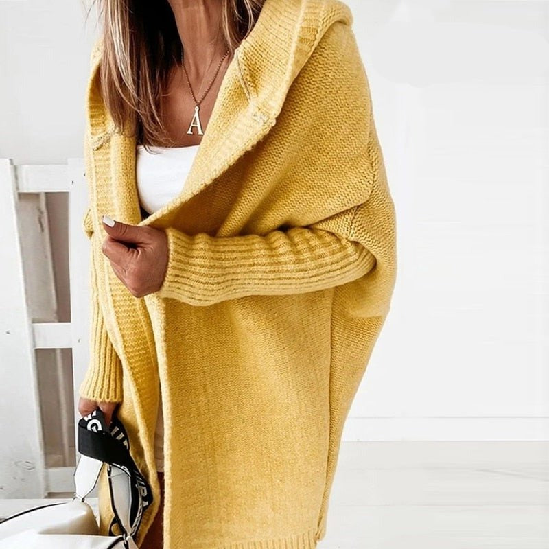 Women’s Knitted Cardigan – Oversized Fit – Chunky Wool Blend – Hooded Longline Open Front