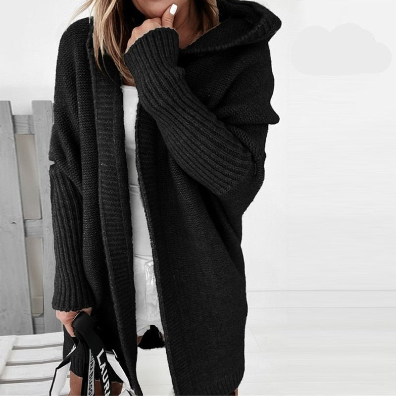 Women’s Knitted Cardigan – Oversized Fit – Chunky Wool Blend – Hooded Longline Open Front