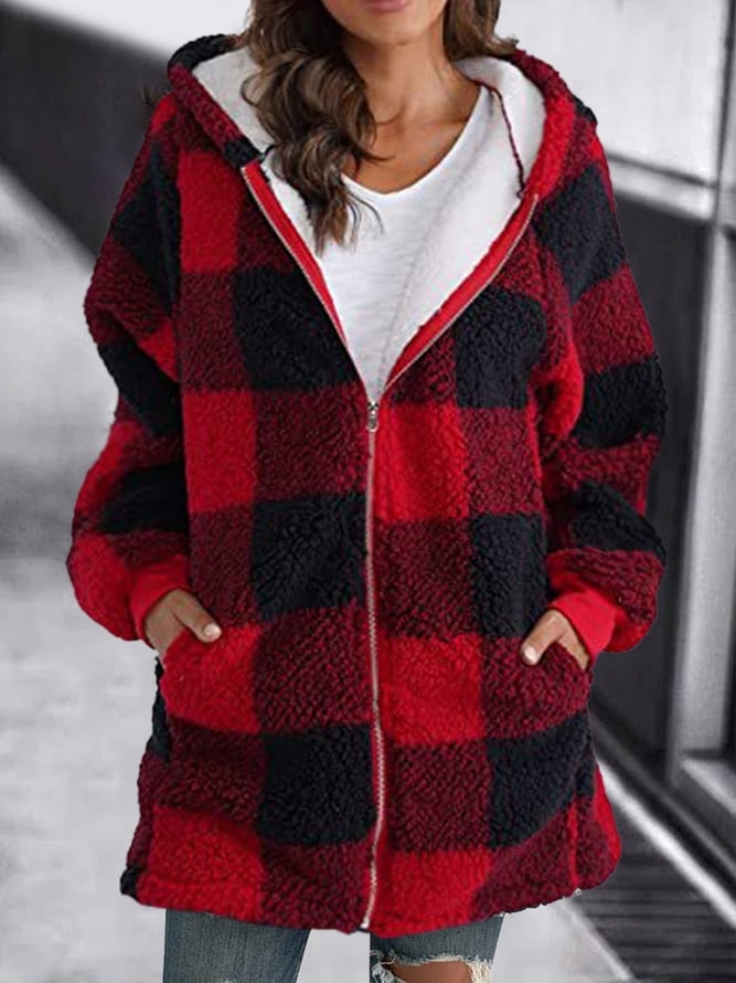 Oversized Checkered Fleece Zip Up Hoodie Jacket Unisex Cozy Warmth All Day Comfort