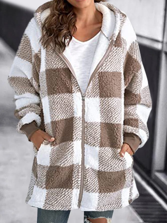 Oversized Checkered Fleece Zip Up Hoodie Jacket Unisex Cozy Warmth All Day Comfort
