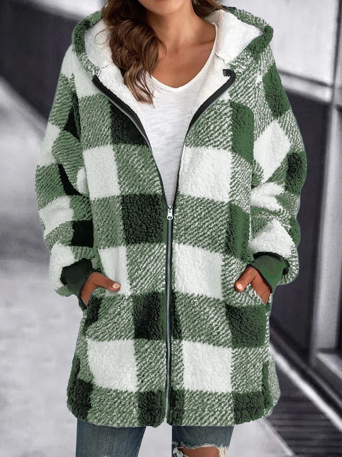 Oversized Checkered Fleece Zip Up Hoodie Jacket Unisex Cozy Warmth All Day Comfort