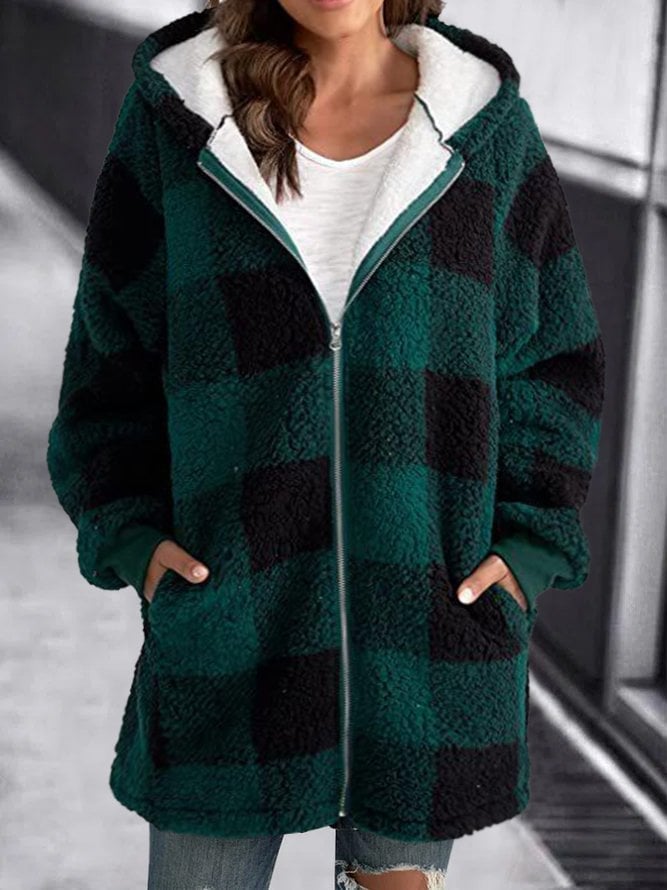 Oversized Checkered Fleece Zip Up Hoodie Jacket Unisex Cozy Warmth All Day Comfort