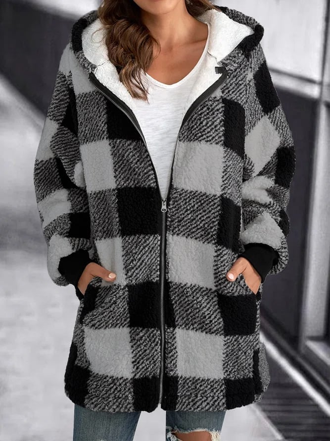 Oversized Checkered Fleece Zip Up Hoodie Jacket Unisex Cozy Warmth All Day Comfort