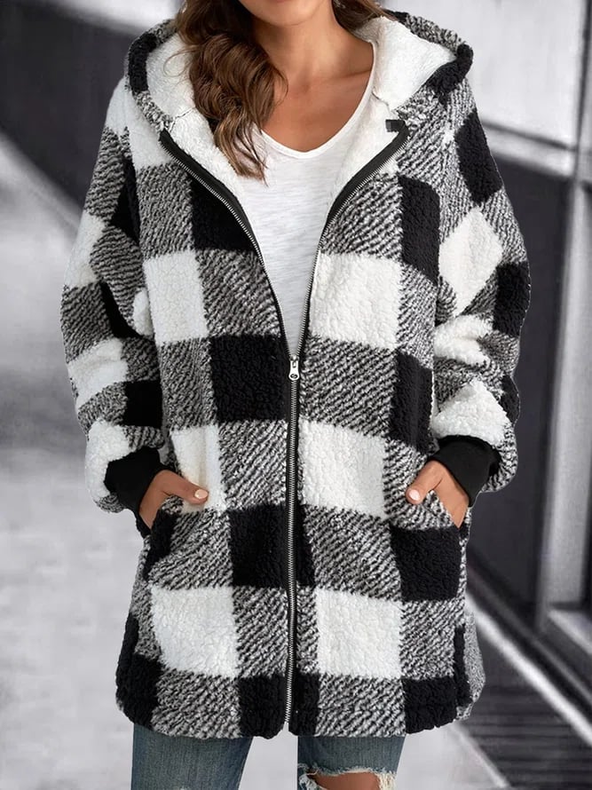 Oversized Checkered Fleece Zip Up Hoodie Jacket Unisex Cozy Warmth All Day Comfort