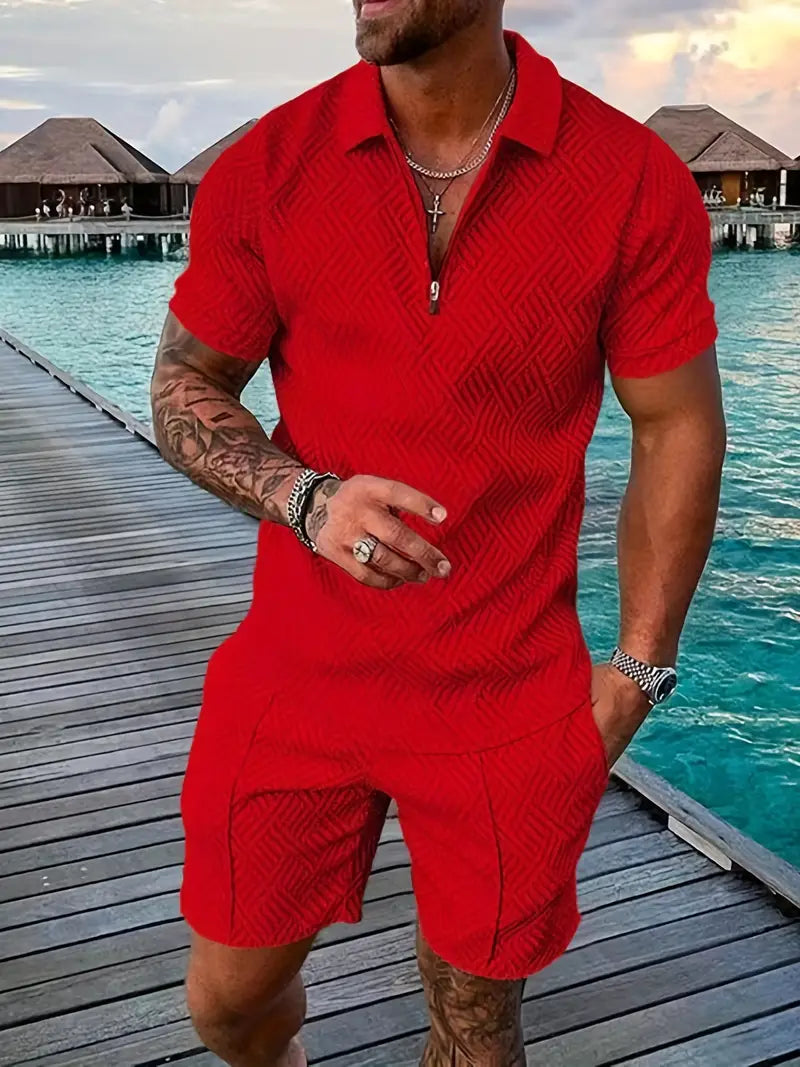 Mens Textured Zipper Polo Set Shirt And Shorts For Beach Or Lounge Bold Modern Comfort
