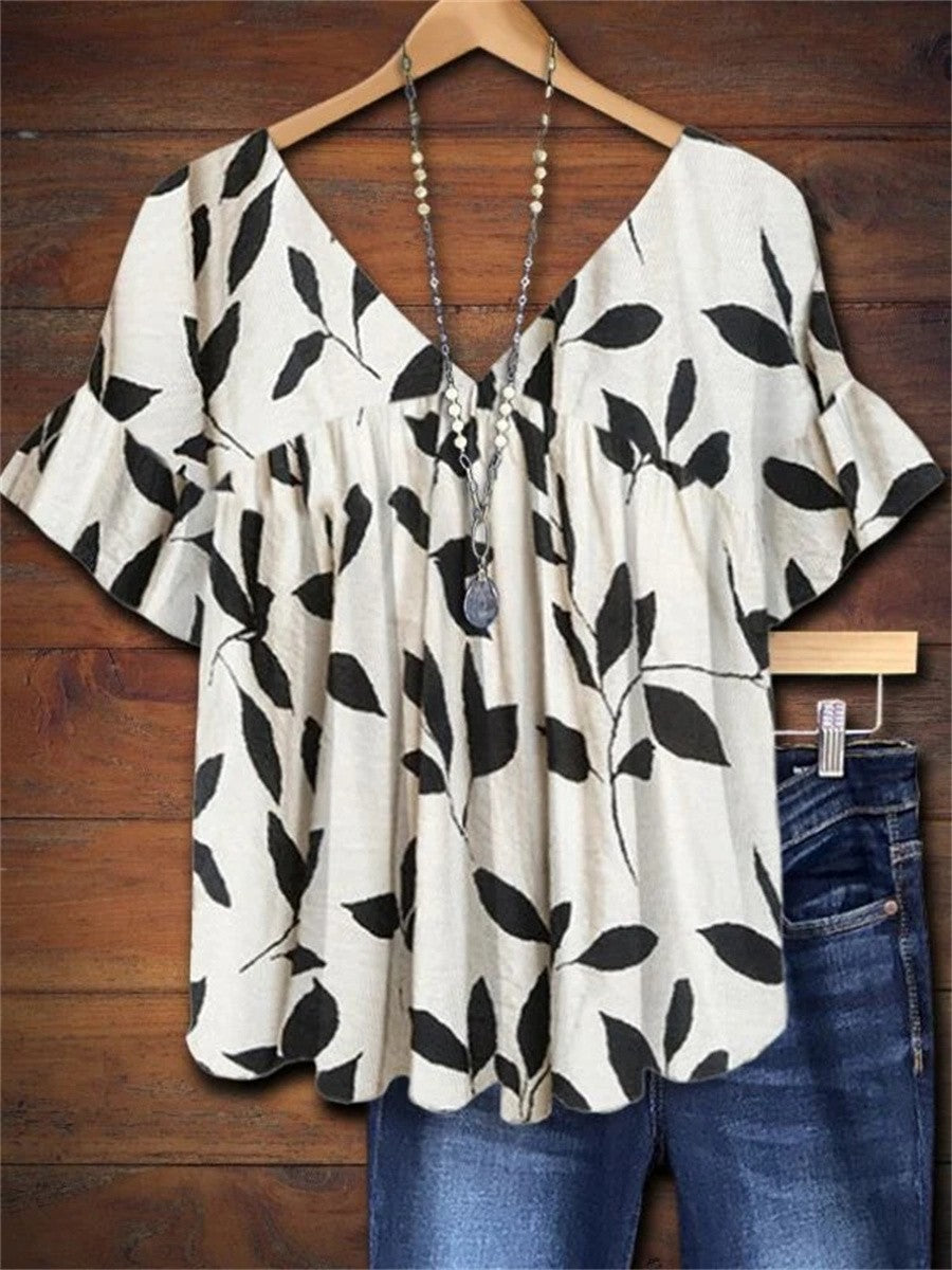 Women's V-Neck Blouse with Leaf Print and Ruffle Sleeves - TrendAura