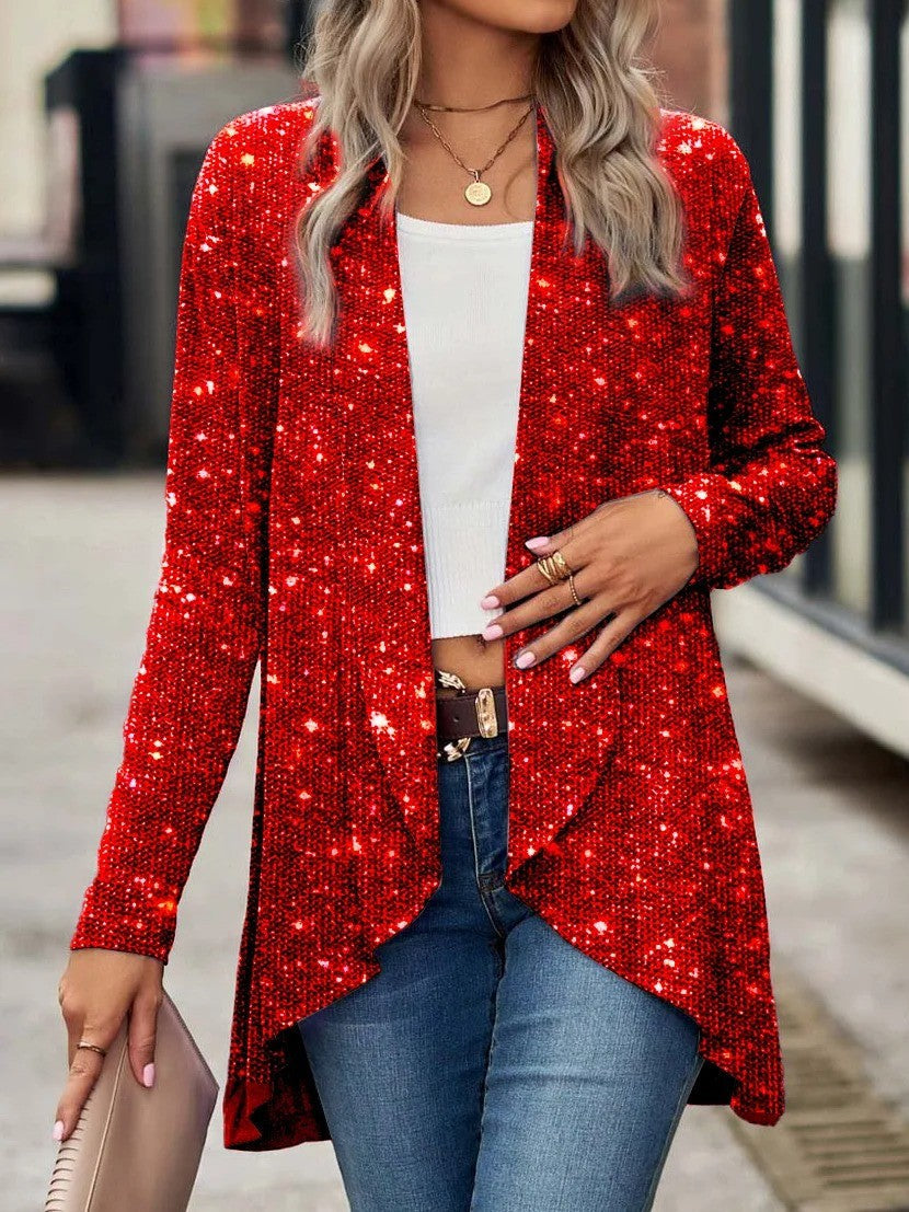 Women’s Cardigan – Relaxed Fit – Soft Knit – Open Front – Sequin Accent – Asymmetrical Hem