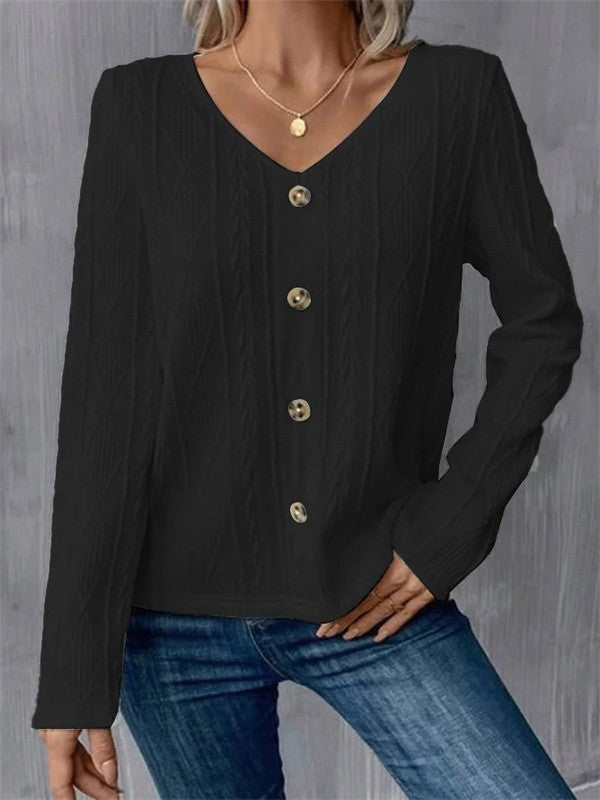 Women’s Long Sleeve Shirt – Soft Knit – Regular Fit – V-Neck – Button Front Casual Top