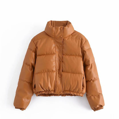 PUCette Short Padded Parka For Women Warm Cotton Filled PU Exterior Winter Coat Cozy Fit