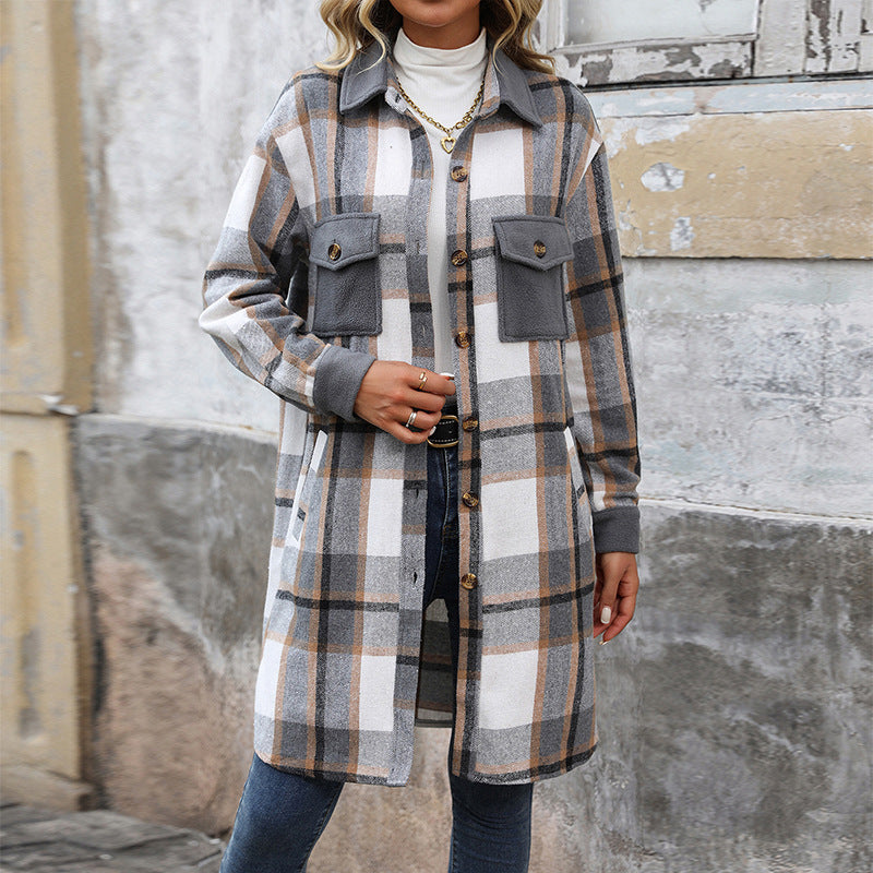 TrendAura Brushed Plaid Long Coat For Modern Women Warmth And Polished Everyday Style
