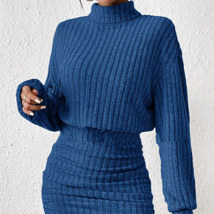 Knitted Sweater Dress With High Collar For Women Ribbed Texture Cozy Winter Elegance