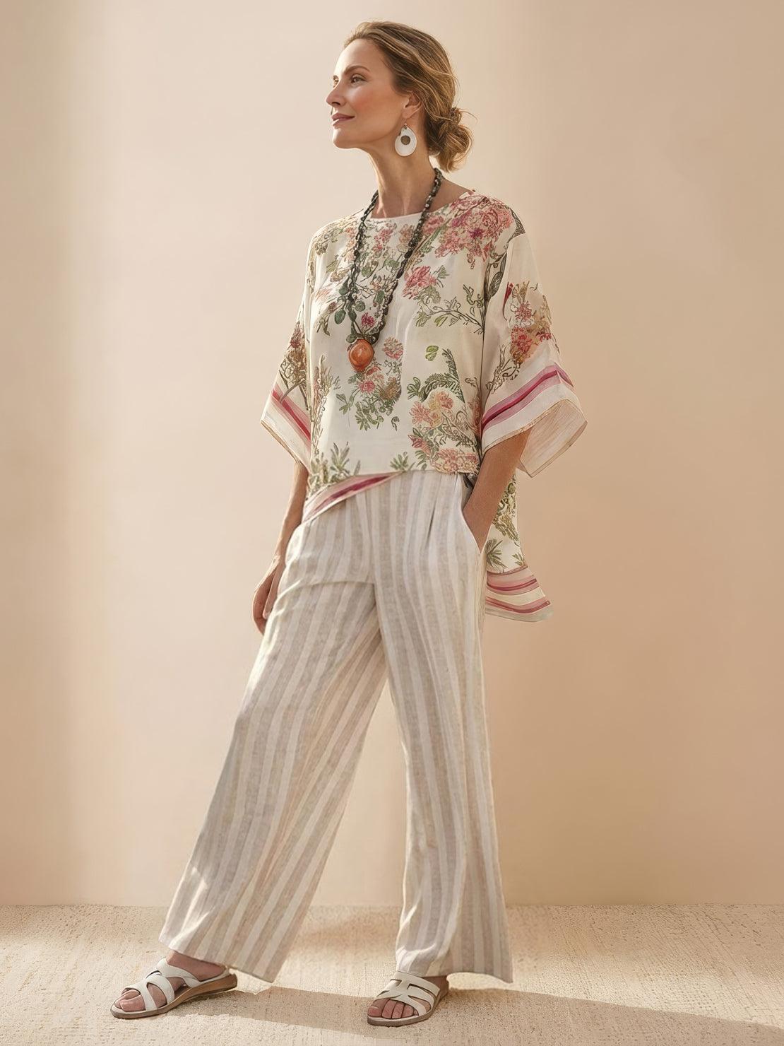 Women's Striped Two-Piece Set with Wide-Leg Trousers and Tee