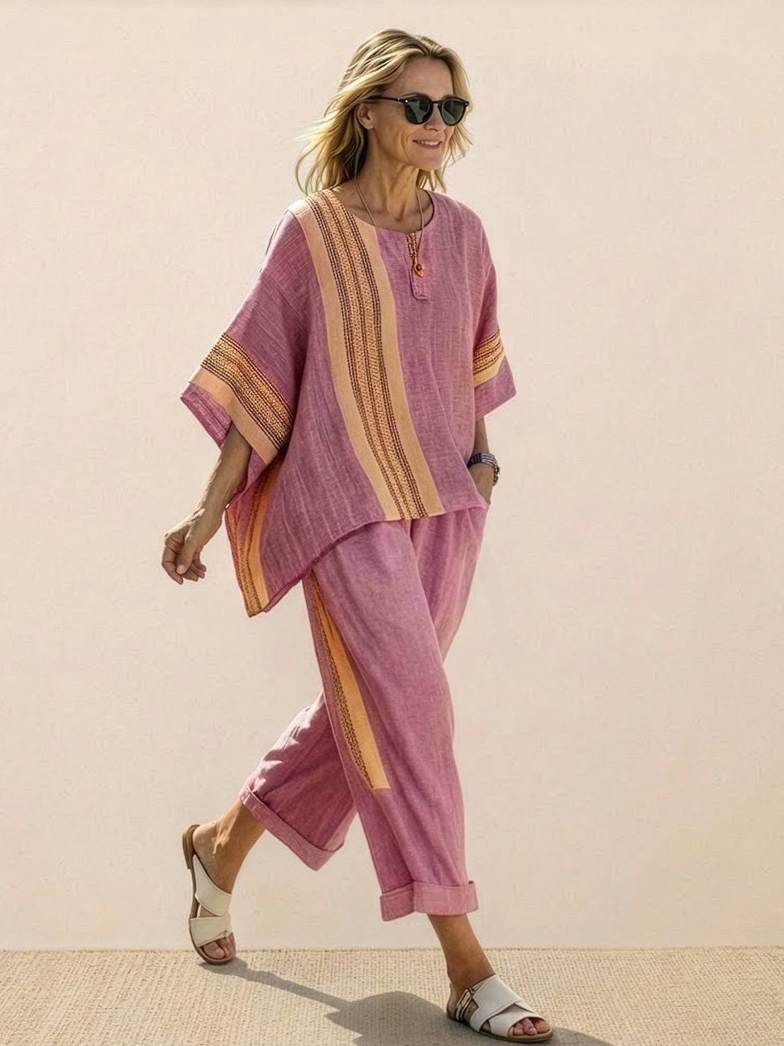 Women's Striped Two-Piece Set with Wide-Leg Trousers and Tee