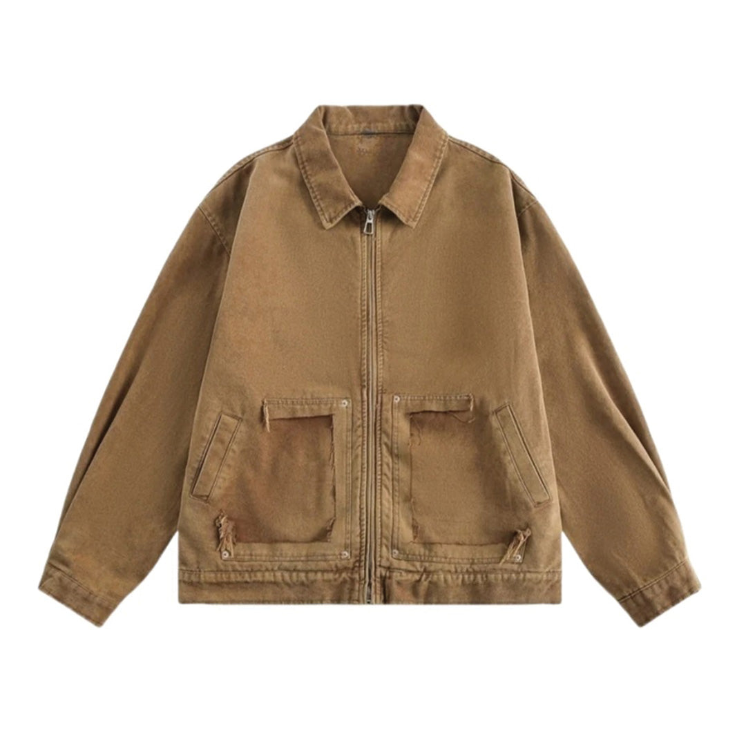 Cargo Sans Frontières Cotton Jacket With Washed Finish Tonal Patch Pockets Zip Front Relaxed Fit For Men