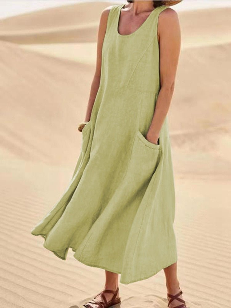 Women's Dress - Sleeveless Loose Fit - Midi Length - Light and Breathable with Side Pockets