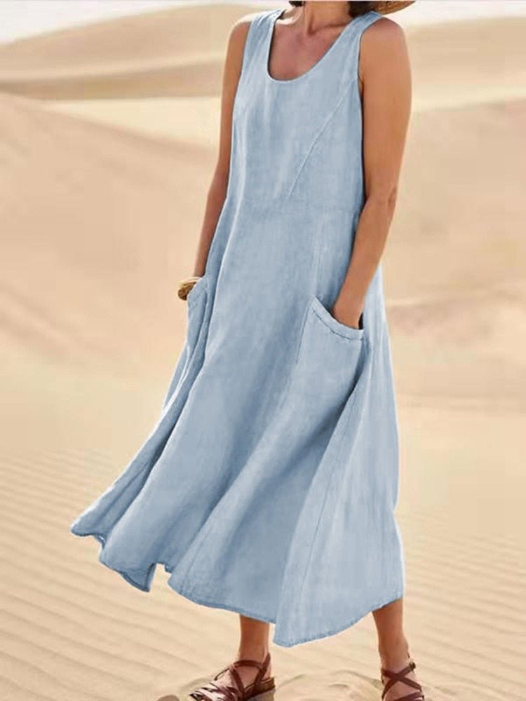 Women's Dress - Sleeveless Loose Fit - Midi Length - Light and Breathable with Side Pockets