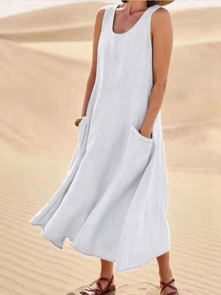 Women's Dress - Sleeveless Loose Fit - Midi Length - Light and Breathable with Side Pockets