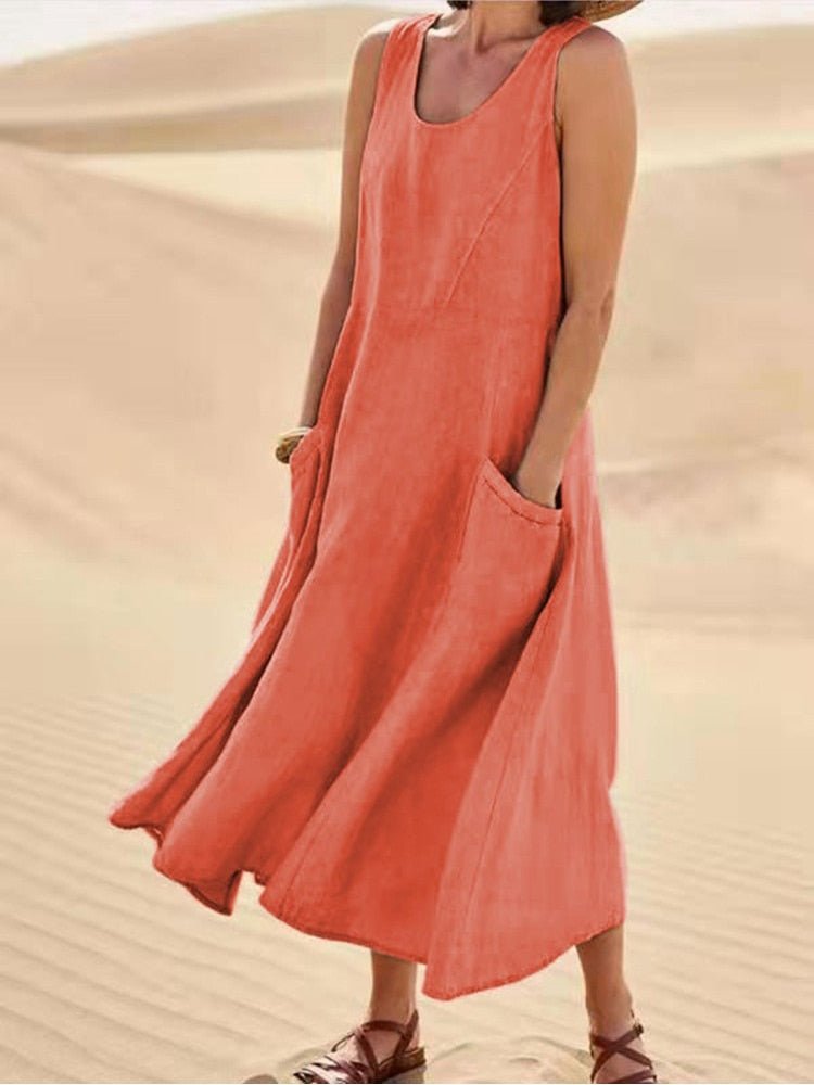 Women's Dress - Sleeveless Loose Fit - Midi Length - Light and Breathable with Side Pockets