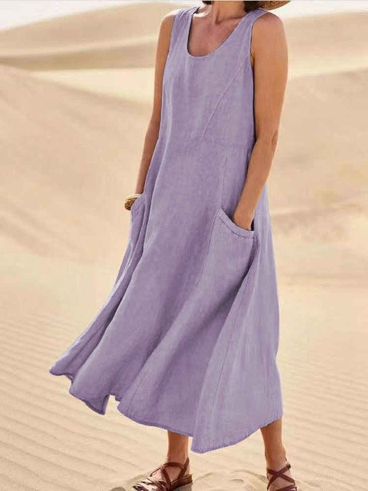 Women's Casual Sleeveless Maxi Dress with Scoop Neck and Pockets