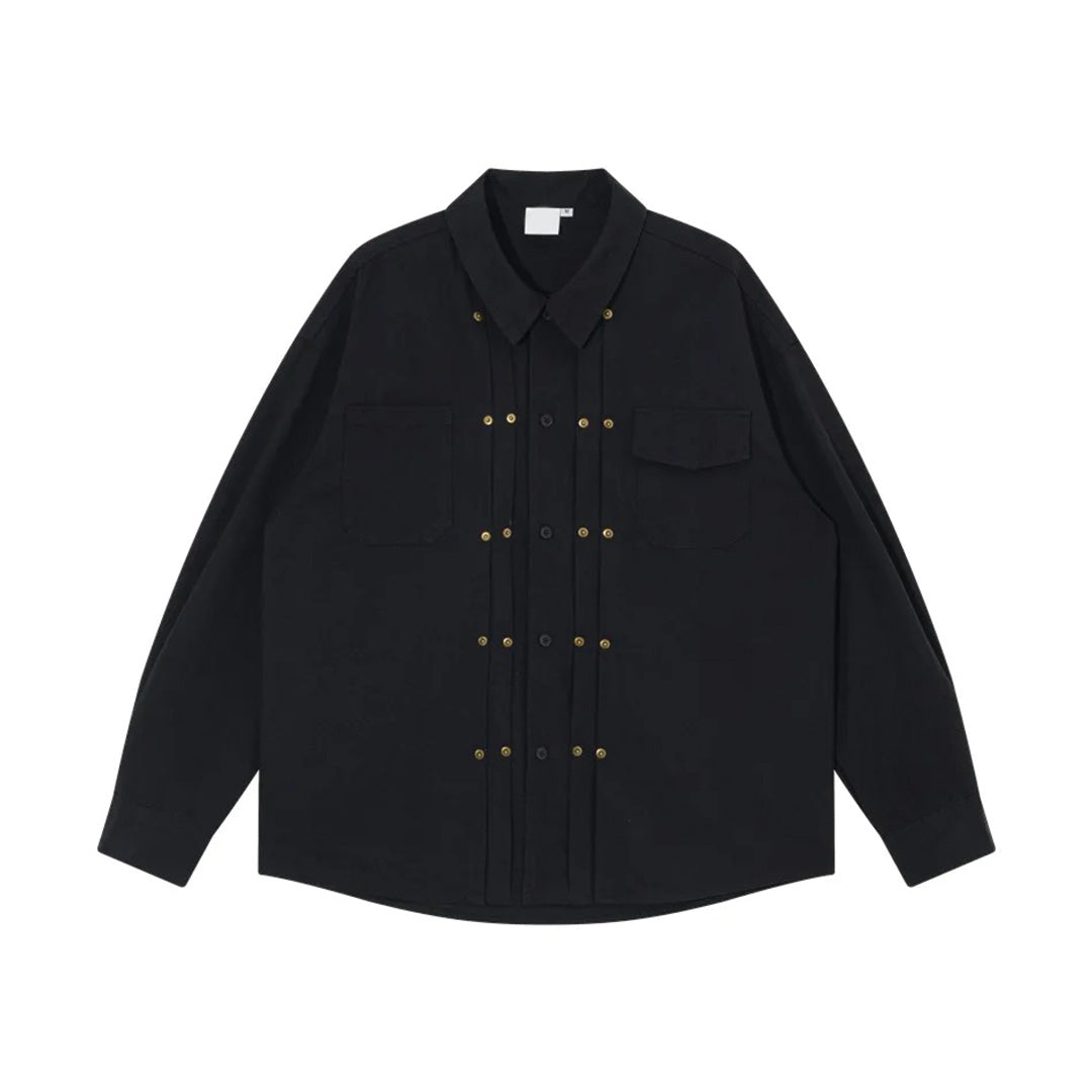 Unisex Studded Button-Up Shirt With Metal Stud Accents And Dual Chest Pockets For Versatile Everyday Wear