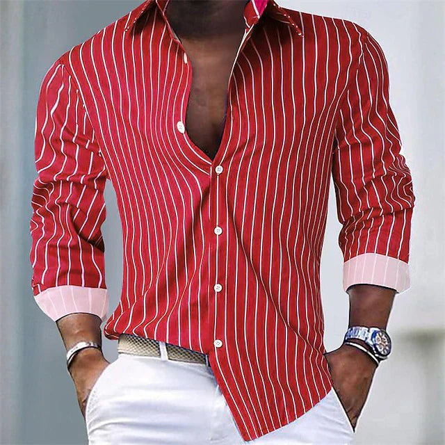 Men's Striped Slim Fit Shirt With Classic Collar Button Closure And Contrast Cuffs