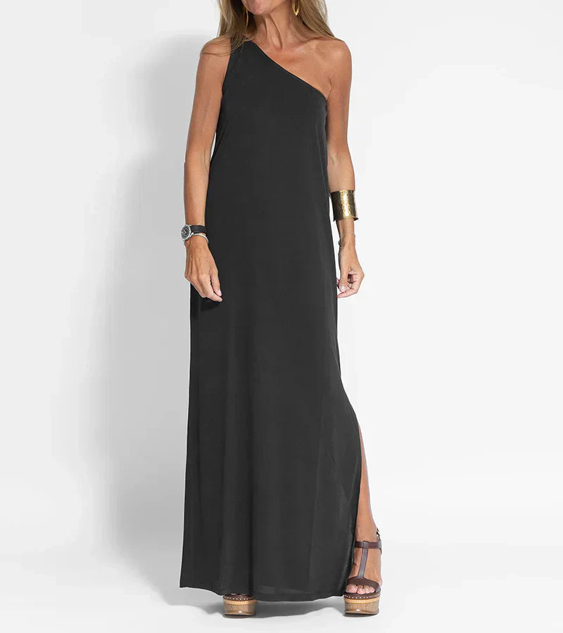 Lea Luxurious Elegant Maxi Dress With Asymmetrical Neckline And Side Slit For Women Timeless Chic Comfort