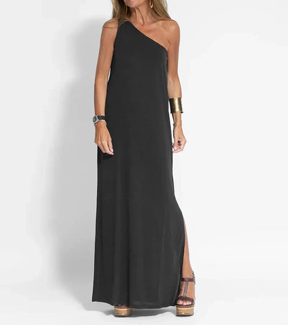 Lea Luxurious Elegant Maxi Dress With Asymmetrical Neckline And Side Slit For Women Timeless Chic Comfort