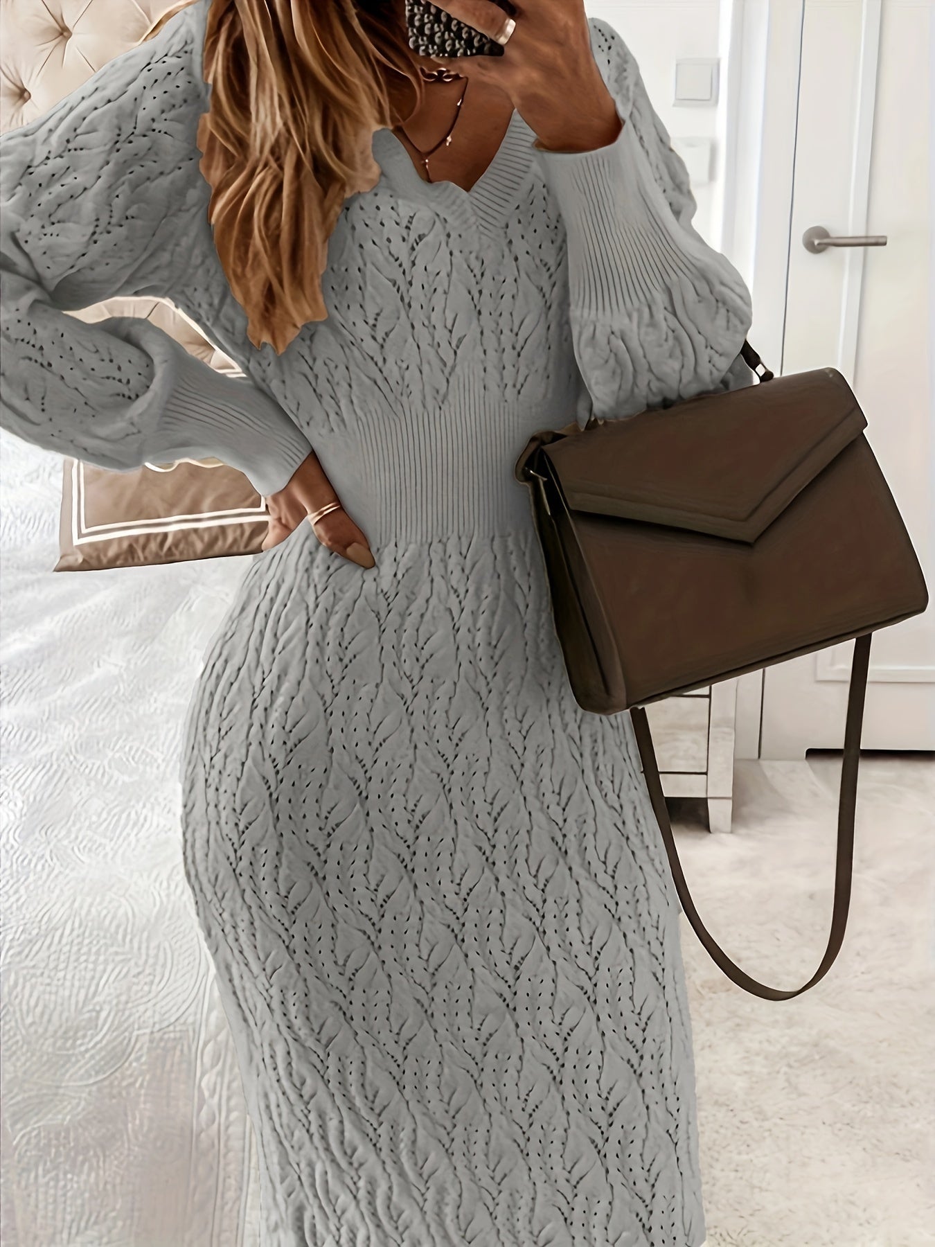 Women's Knit Dress - V-Neck - Long-Sleeved - Fitted Ribbed Design - Elegant & Comfortable
