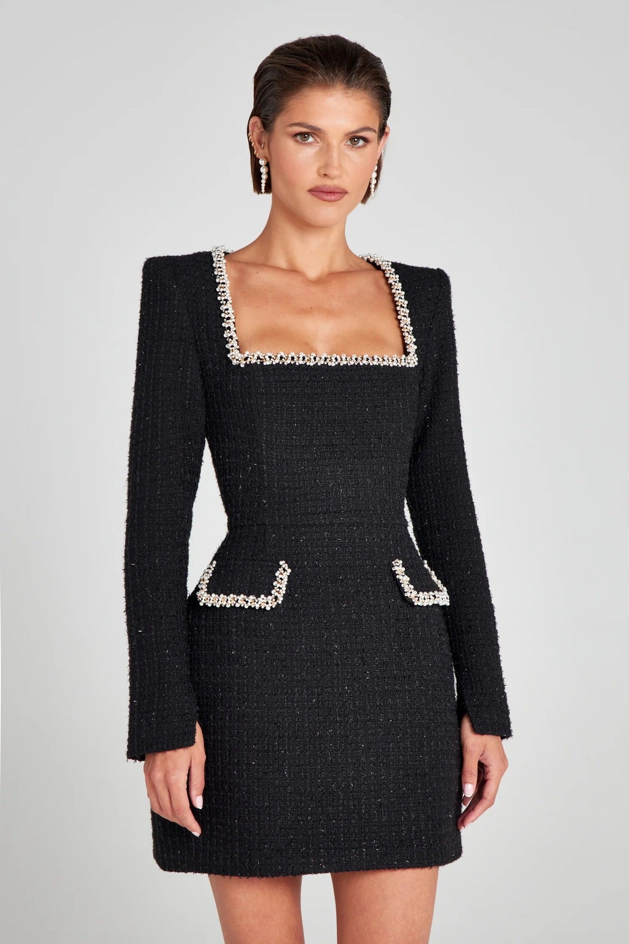 Marion Beaded U Neck Dress For Women Elegant Beaded Sleeves Pearl Embellished Glamorous Evening Gown