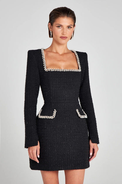 Marion Beaded U Neck Dress For Women Elegant Beaded Sleeves Pearl Embellished Glamorous Evening Gown