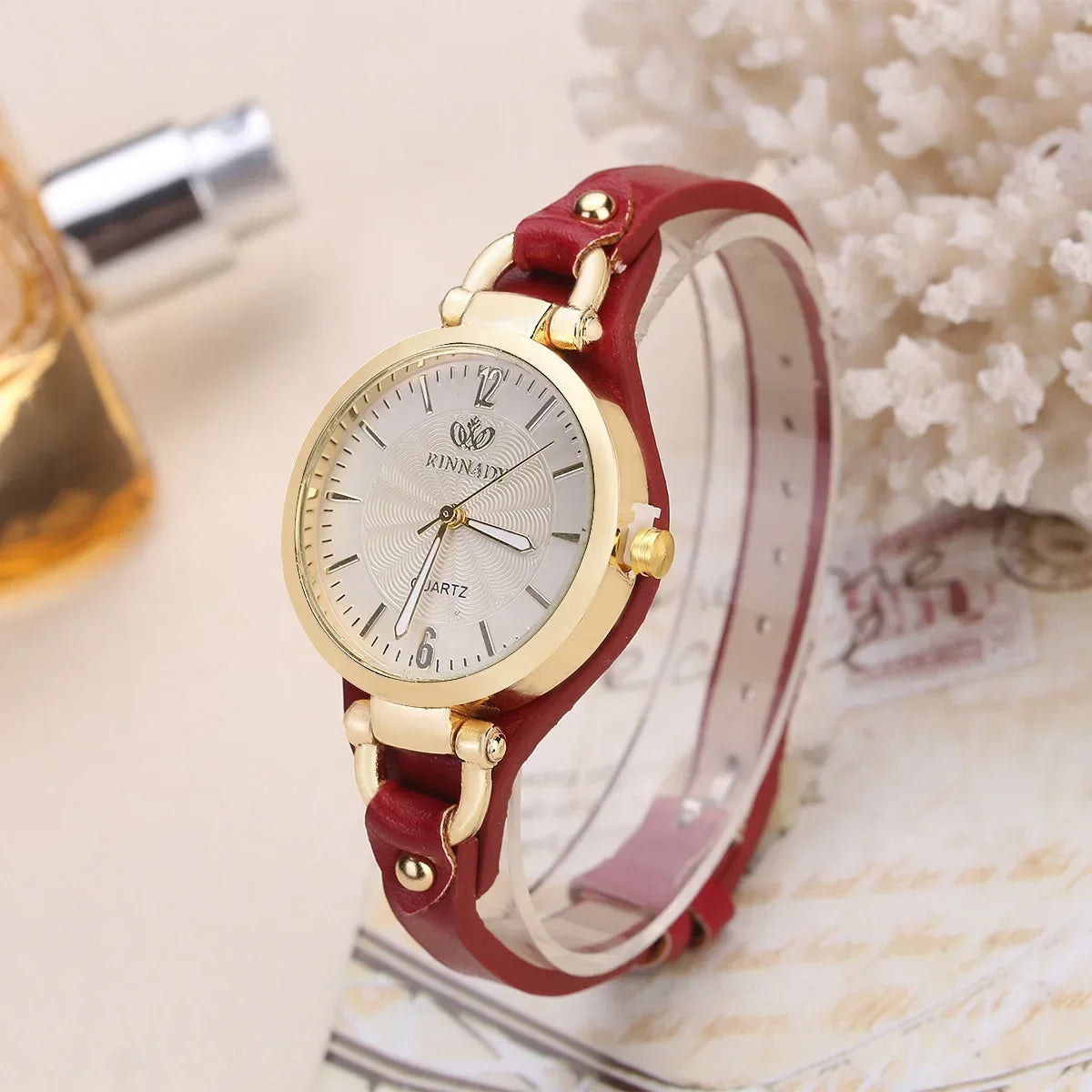 Sophie Elegant Vegan Leather Watch In Gold Steel For Stylish Women Minimalist Quartz Movement