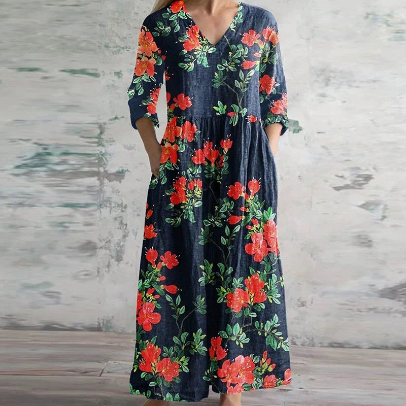 Women's Retro Maxi Dress with Flowing Design and Versatile Style