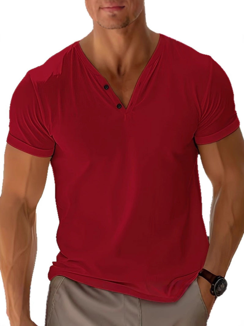 Men's V-Neck Short Sleeve Shirt With Button Placket, Versatile Everyday Basic For Men, Modern Casual Comfort