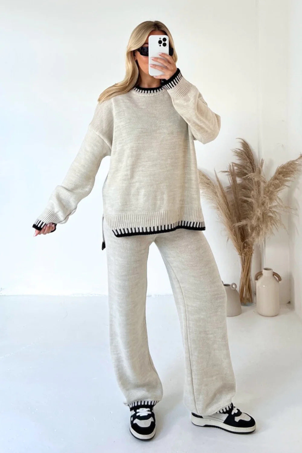 Women's knit two-piece set with sweater and pants