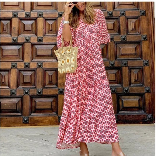 Verde Vintage Floral Boho Dress For Women With Flowing Silhouette And V Neck Short Flare Sleeves